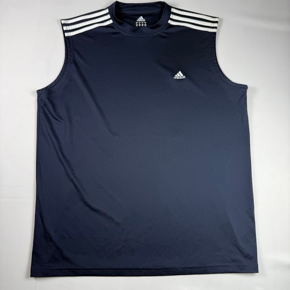 Adidas Mens Climalite Sleeveless Training Shirt Navy Blue XL Three Stripe Logo